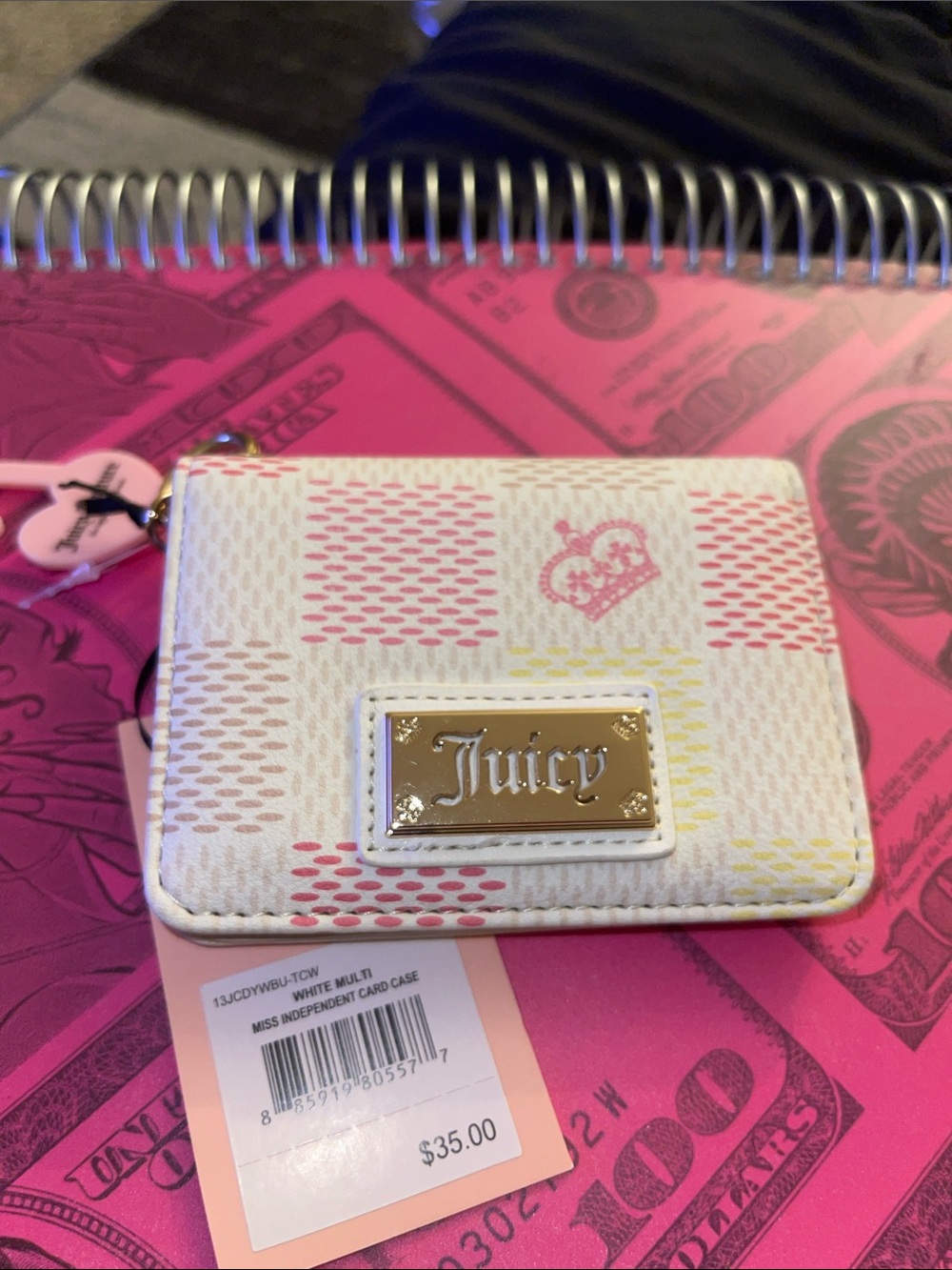 Juicy Couture Pink and White Patterned Card Case with Gold Plaque